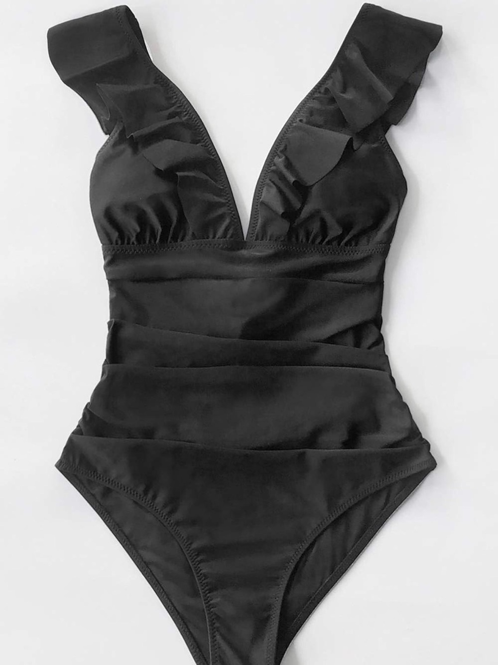 Ruffled V-Neck One-Piece Swimsuit in Black